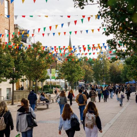 A busy pedestrianised street with groups of students on the University of Leeds campus