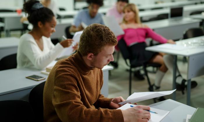 A student working in a classroom