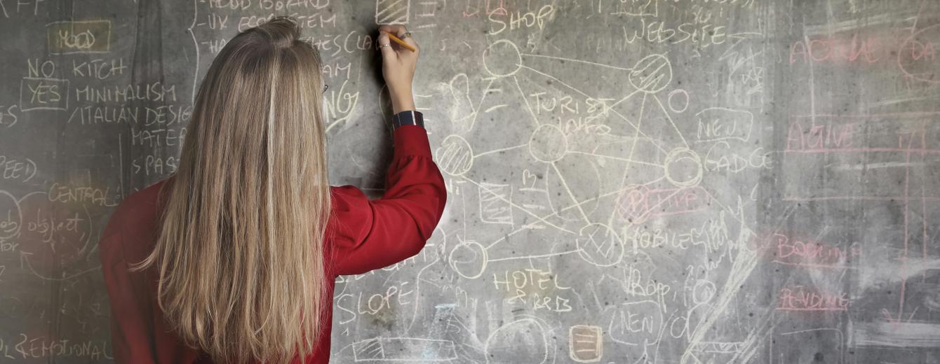 Woman in Red Long Sleeve Writing On Chalk Board